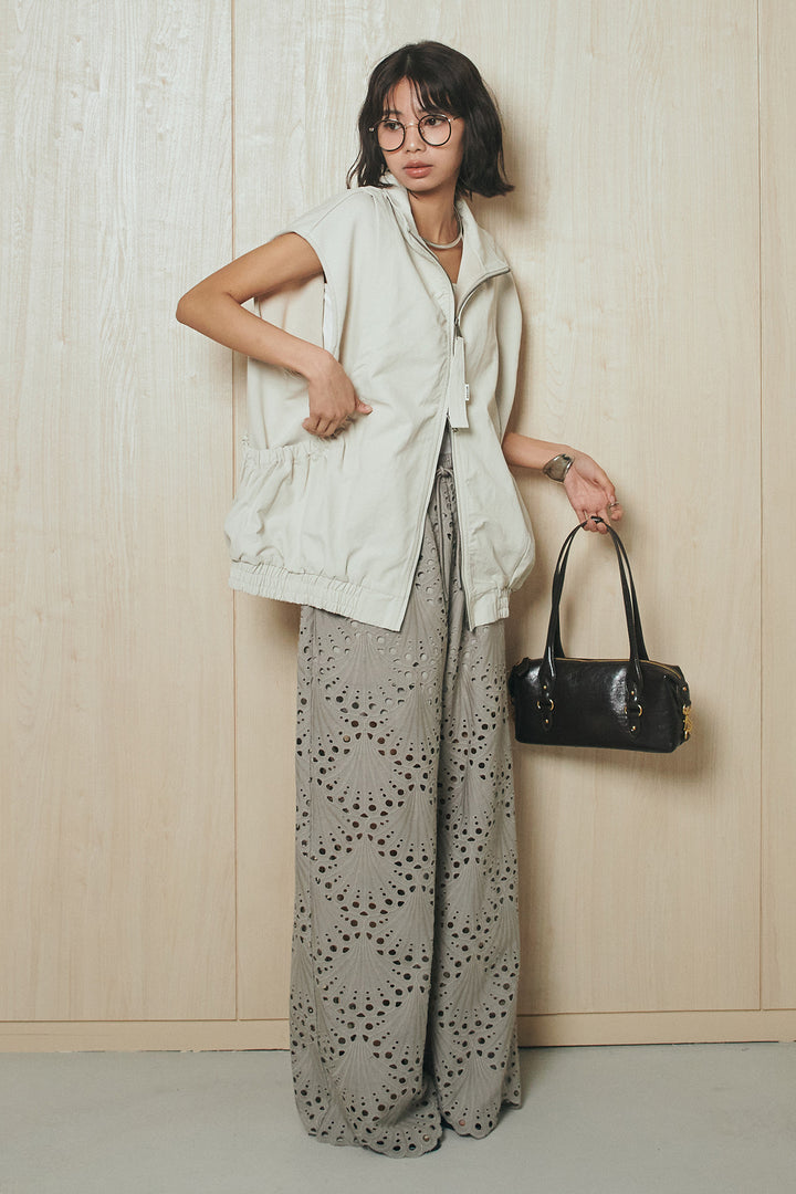 [SET]ショルダー切替スタンドネックジップベスト+レース刺繍リラックスパンツ(2set)