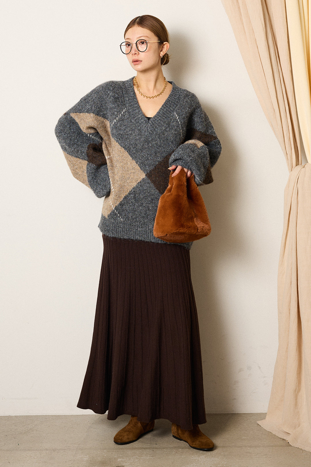 【着回しセット】[SET]ルーズアーガイルVネックニット+ルーズアーガイルVネックニット+編み地切り替えフレアニットスカート(3set)