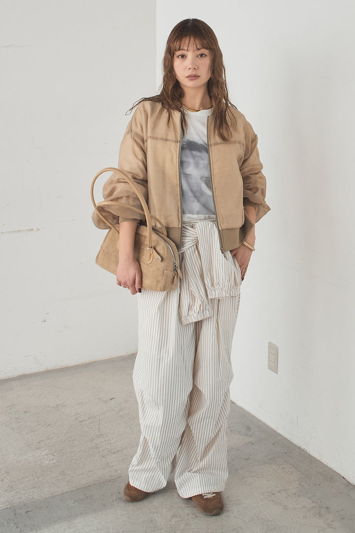 [SET]シアー×ポンチブルゾン+ストライプウエスト巻きジョガーパンツ+長袖アソートフォトTシャツ(3set)