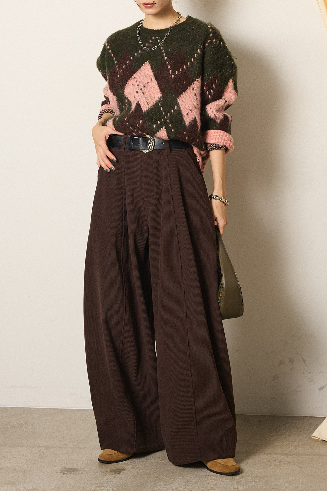 [SET]配色アーガイル柄ニットトップス+ベルト付きコーデュロイワイドパンツ(2set)