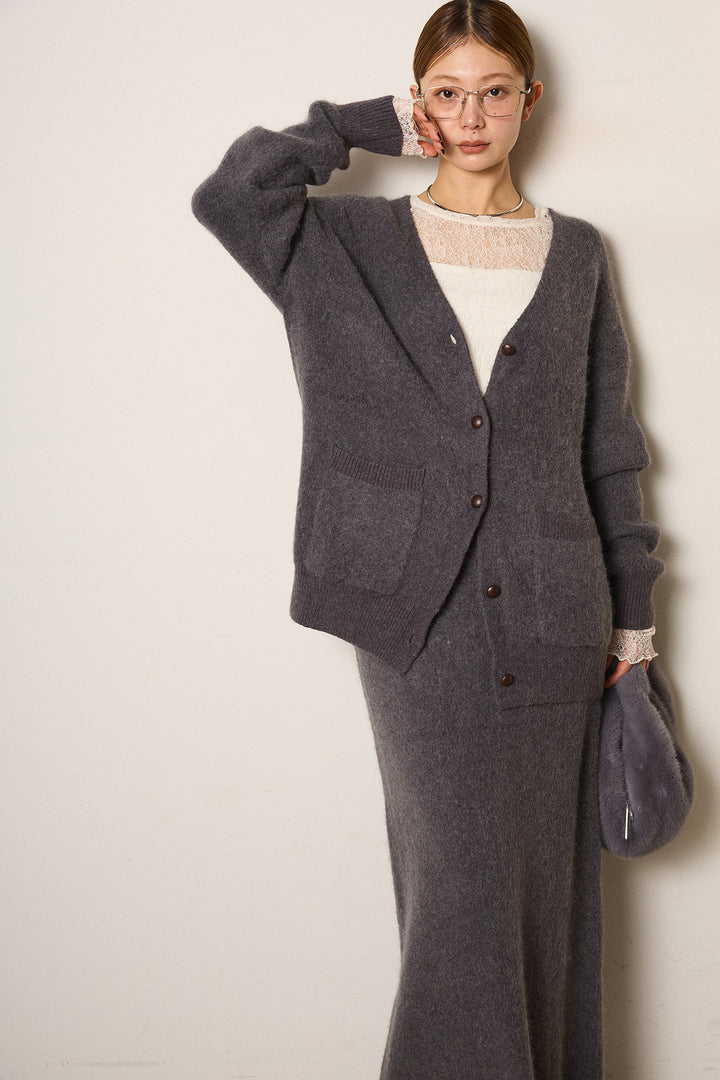 [SET]丸ボタン起毛ニットカーディガン+起毛ニットロングスカート+ストレッチレースクルーネックプルオーバー(3set)