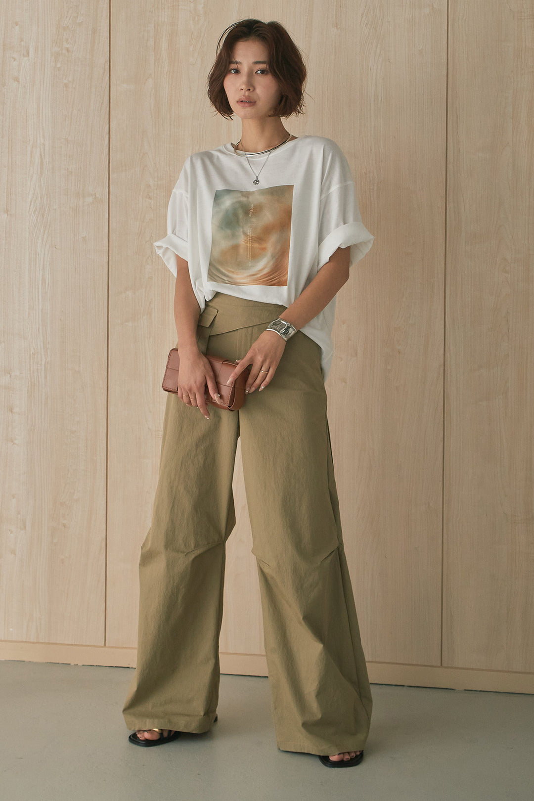 [SET]MarbleプリントTシャツ+ポケットベルト付きニーサイドタックパンツ(2set)