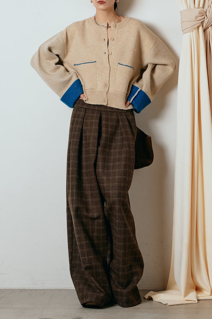 [SET]アルパカタッチダブルフェイスカーディガン+ウールライクチェックタックパンツ(2set)