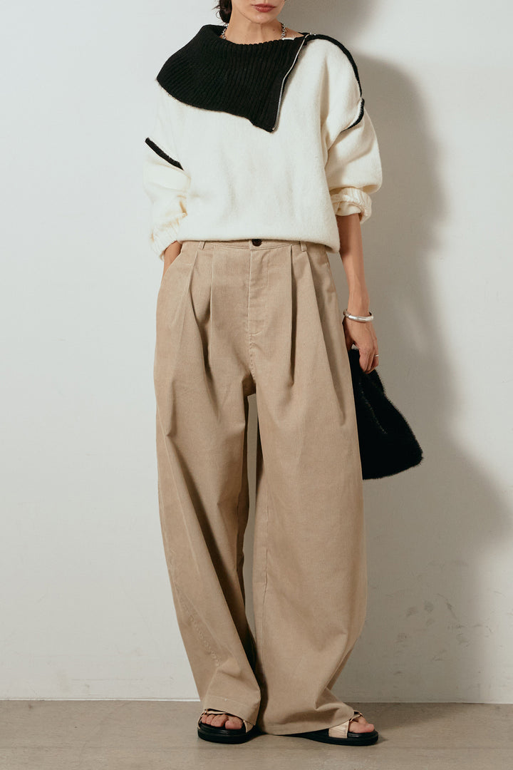 [SET]ハイネックジップデザインニットトップス+フロントタック入りコーデュロイパンツ(2set)