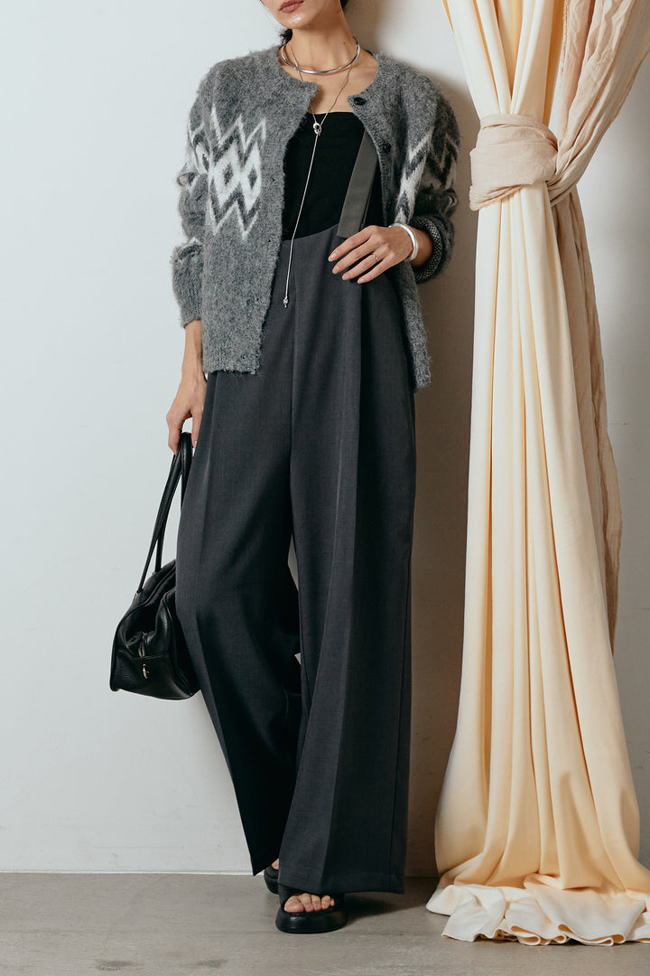 [SET]起毛ノルディック柄ニットカーディガン+ワイドツイルサロペット(2set)