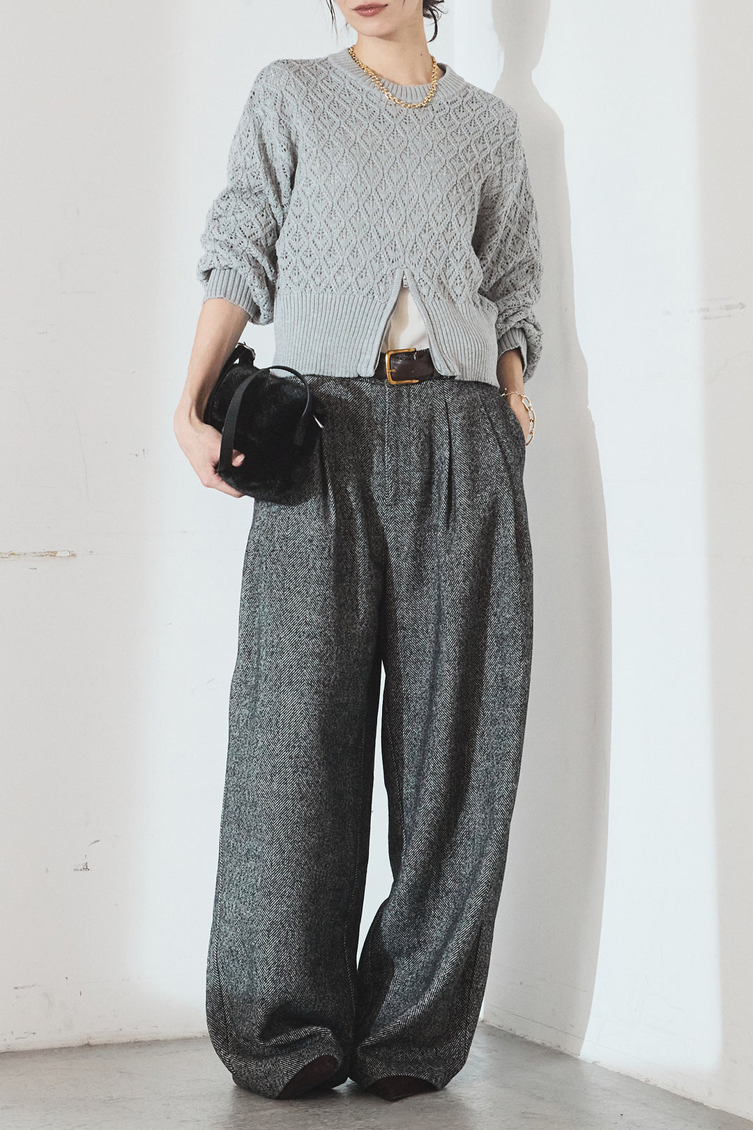 [SET]透かし編みニットジップスリットプルオーバー+タックツイードワイドパンツ(2set)
