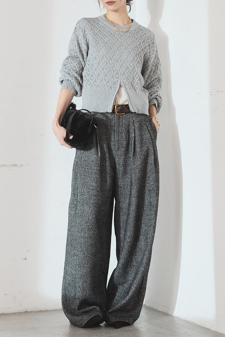 [SET]透かし編みニットジップスリットプルオーバー+タックツイードワイドパンツ(2set)