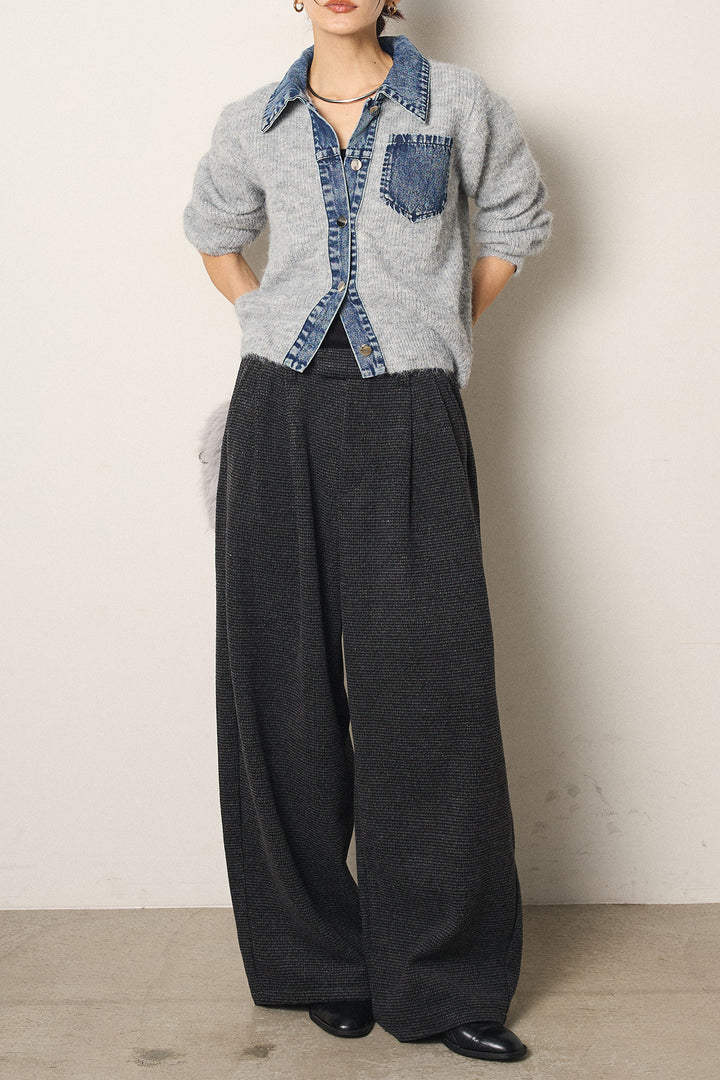 [SET]襟付きデニム切替ニットカーディガン+起毛タック入りツイードワイドパンツ(2set)