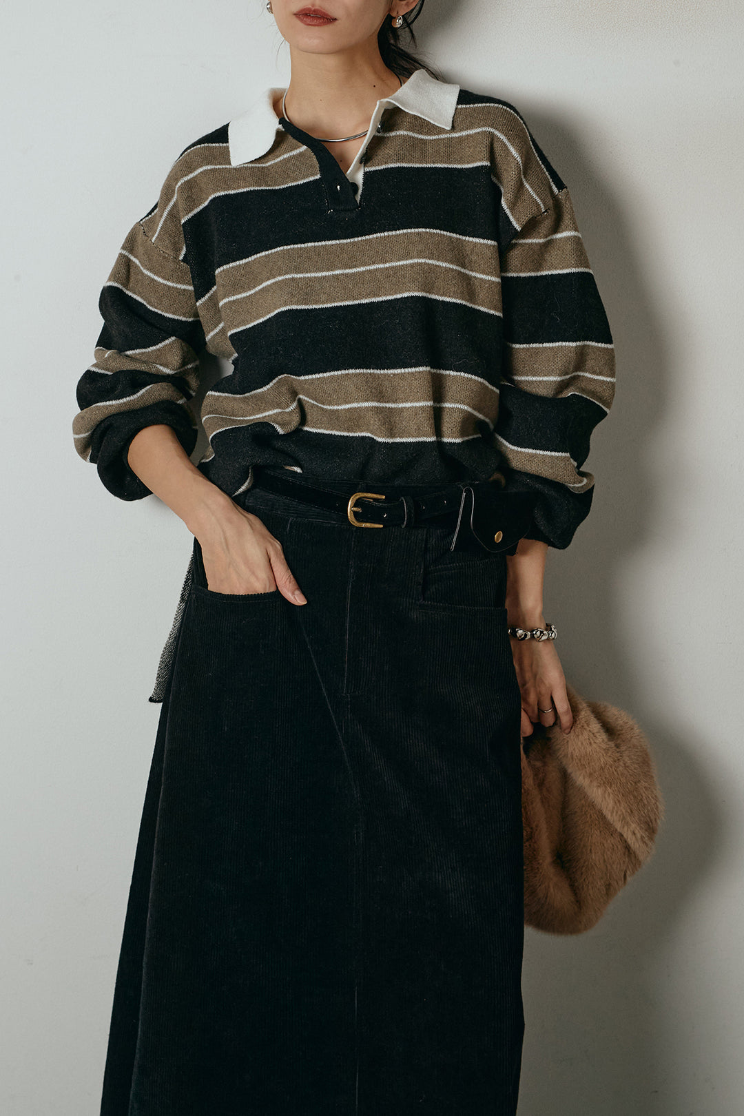 [SET]ラガーニットボーダーポロプルオーバー+ポーチベルト付きコーデュロイワイドスカート(2set)