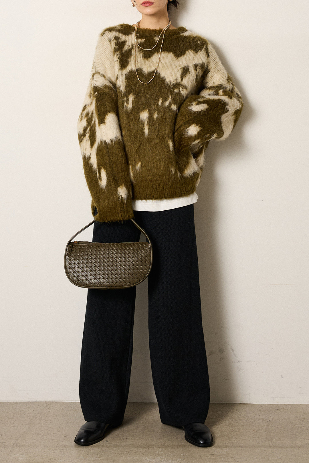 [SET]モヘアタッチマーブルニット+ワイドリブニットイージーパンツ(2set)