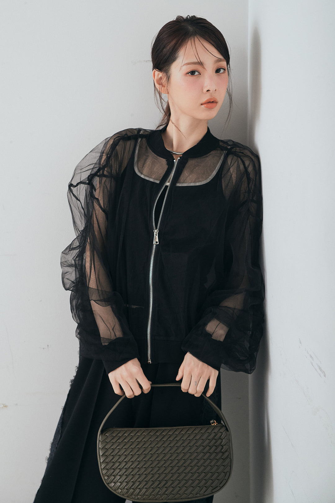 [SET]エアリーチュールスリーブシアーブルゾン+Wフェイスカットソーサイドレースラインパンツ(2set)