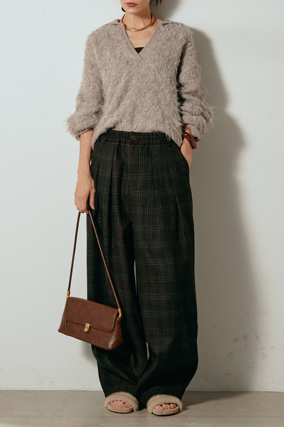 [SET]襟付きシャギーニットポロトップス+タータンチェック柄タックパンツ(2set)