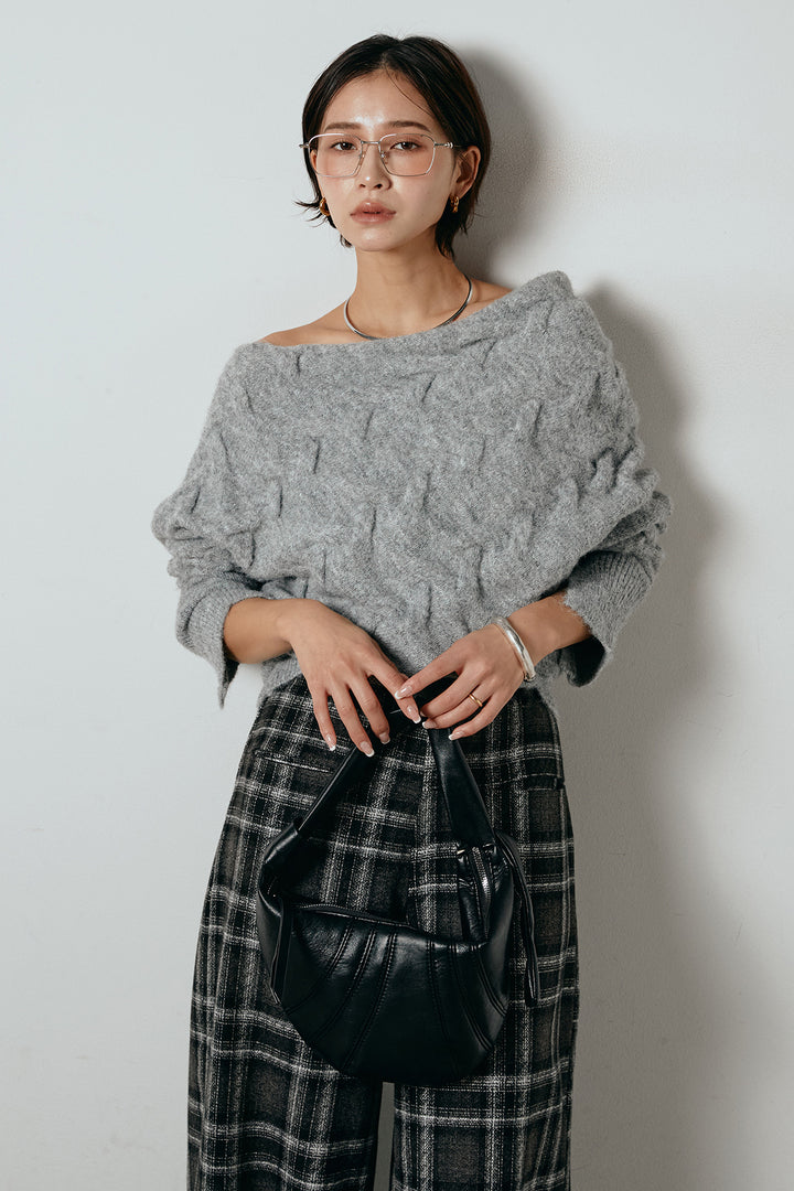 [SET]ボートネックニットトップス+ルーズタータンチェックワイドパンツ(2set)