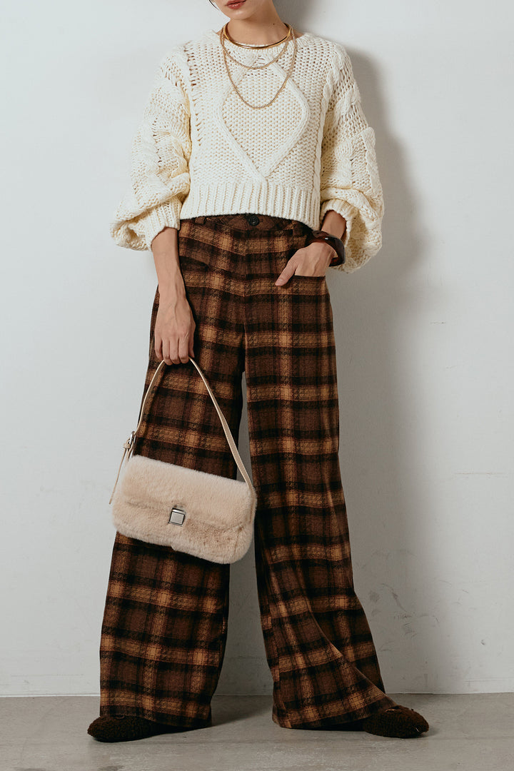[SET]ロービングケーブルショート丈プルオーバー+ルーズタータンチェックワイドパンツ(2set)