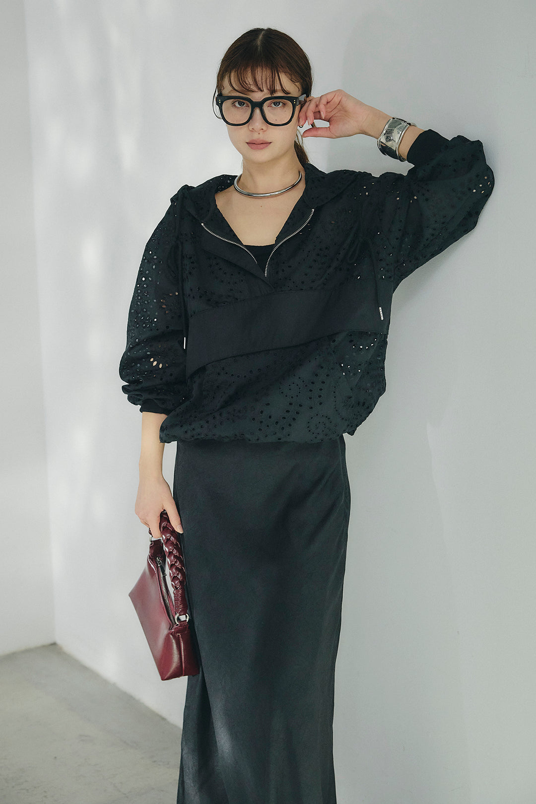 [SET]レースハーフジップアップフーディー+バイアスナローサテンスカート(2set)