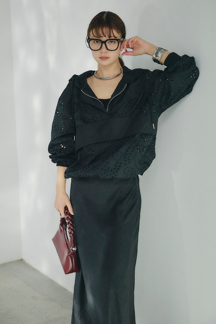 [SET]レースハーフジップアップフーディー+バイアスナローサテンスカート(2set)