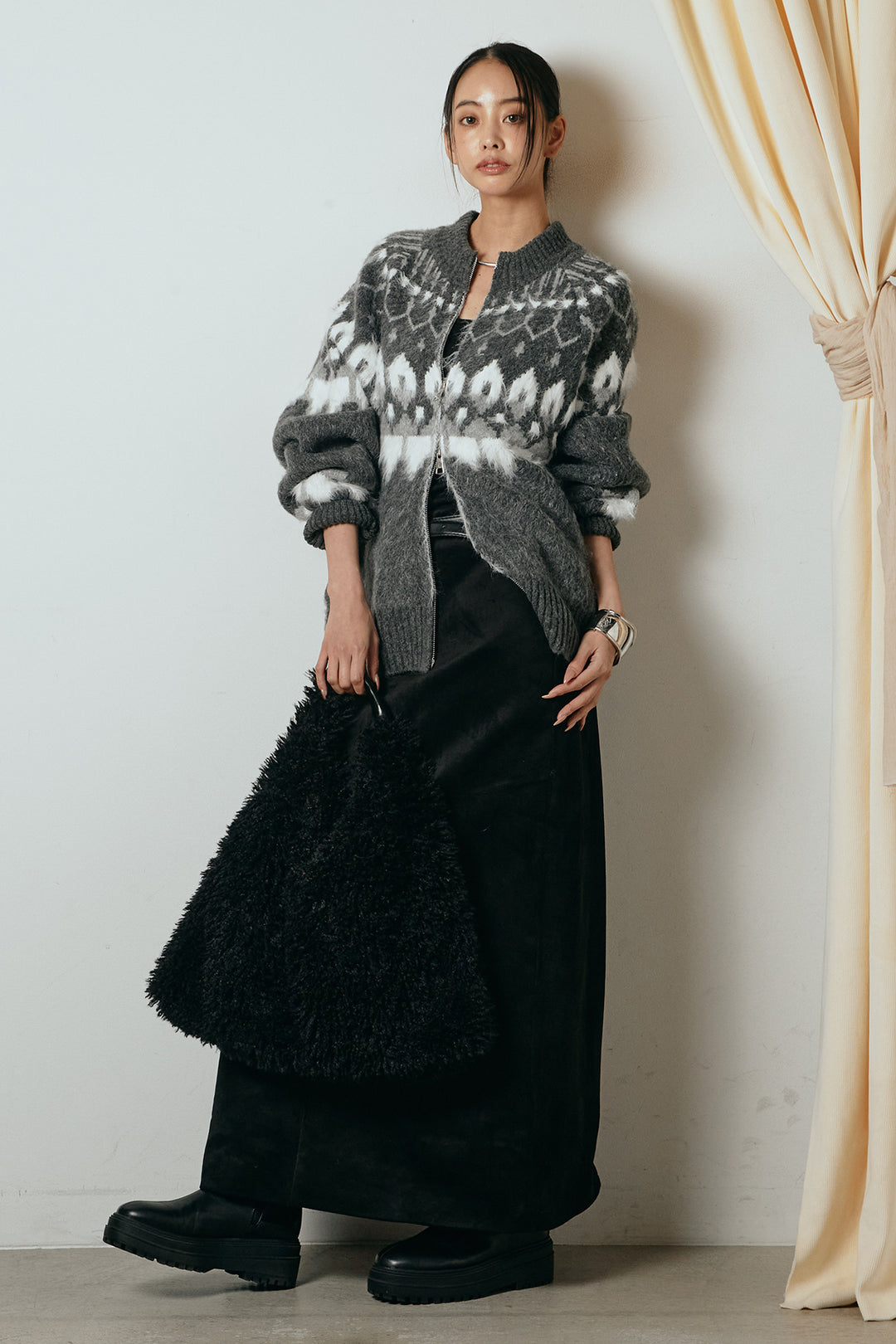 [SET]起毛ダブルジップパターンニットカーディガン+エコスウェードワイドスカート(2set)