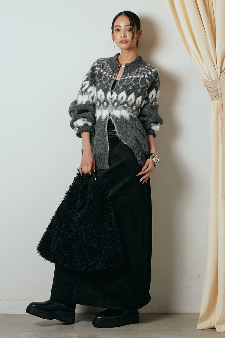 [SET]起毛ダブルジップパターンニットカーディガン+エコスウェードワイドスカート(2set)