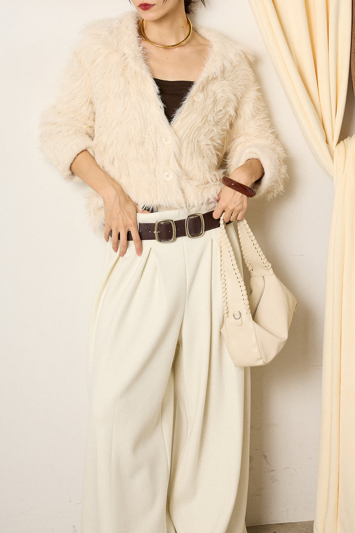 [SET]襟付きシャギーニットカーディガン+フェイクレザー太ベルト付きタックワイドパンツ(2set)