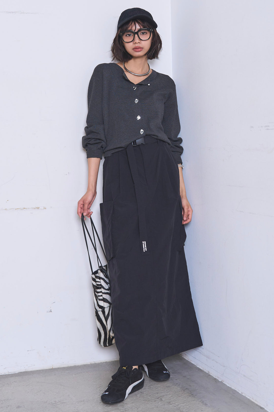[SET]リサイクルポリニュアンス釦カーデ+撥水加工ナイロンスカート(2set)