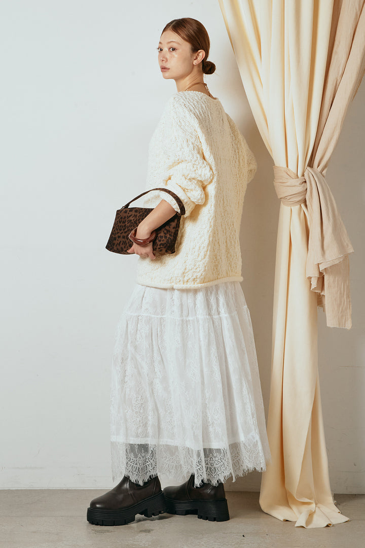 [SET]ボリューム編みニットプルオーバー+ひげレース切替ロング丈スカート(2set)