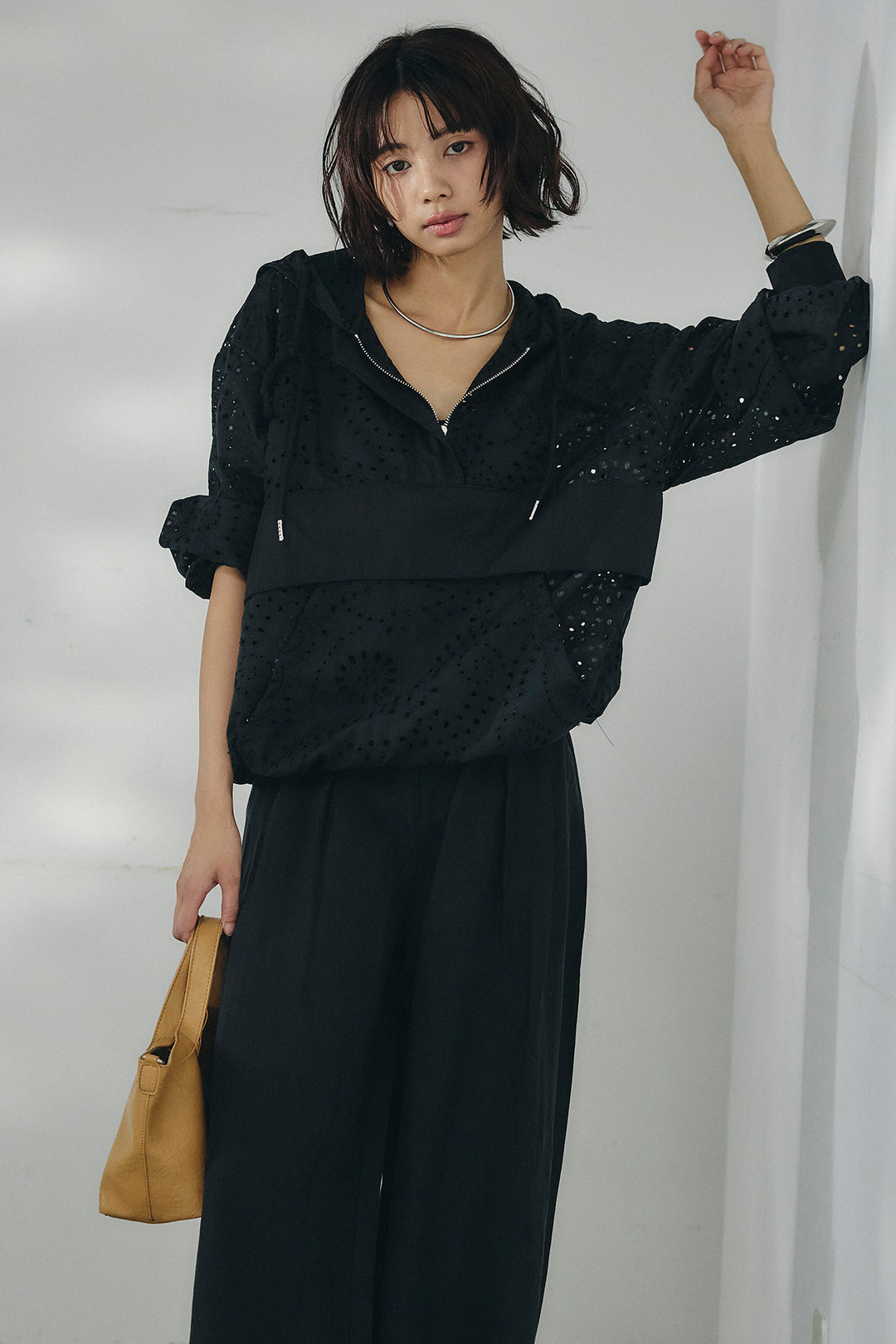 [SET]レースハーフジップアップフーディー+リネン混タックストレートワイドパンツ(2set)