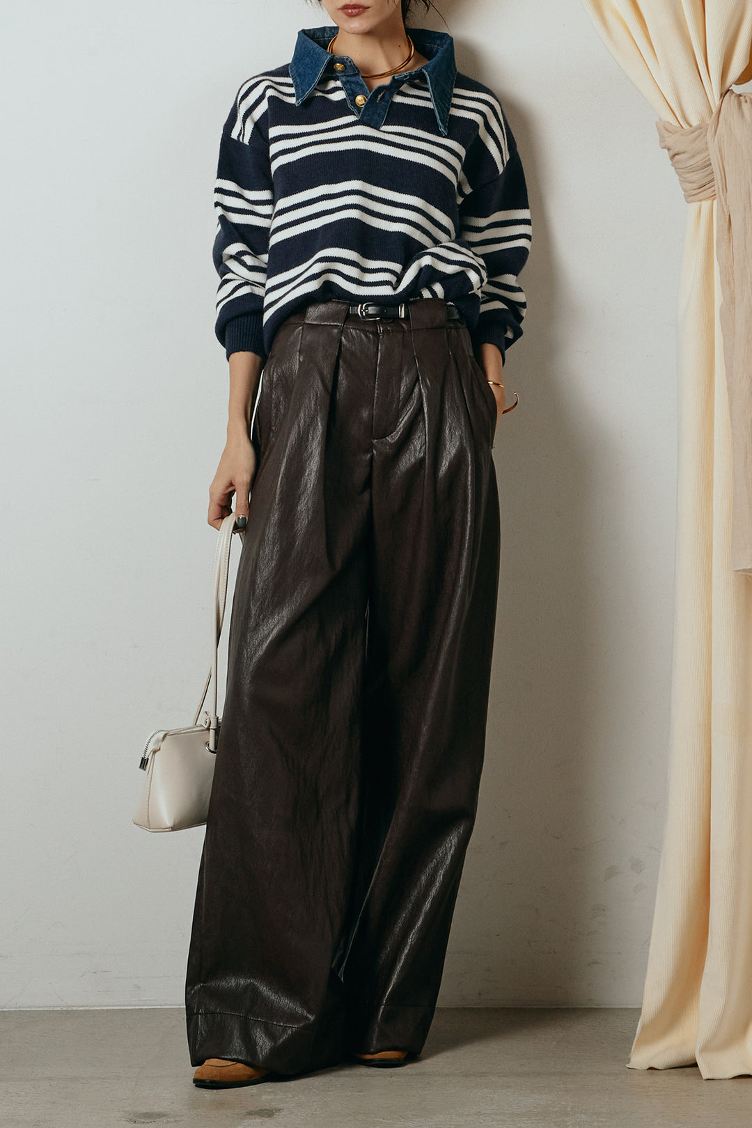 [SET]デニムレイヤード風ランダムボーダーニットプルオーバー+ベルト付きレザーライクタックパンツ(2set)