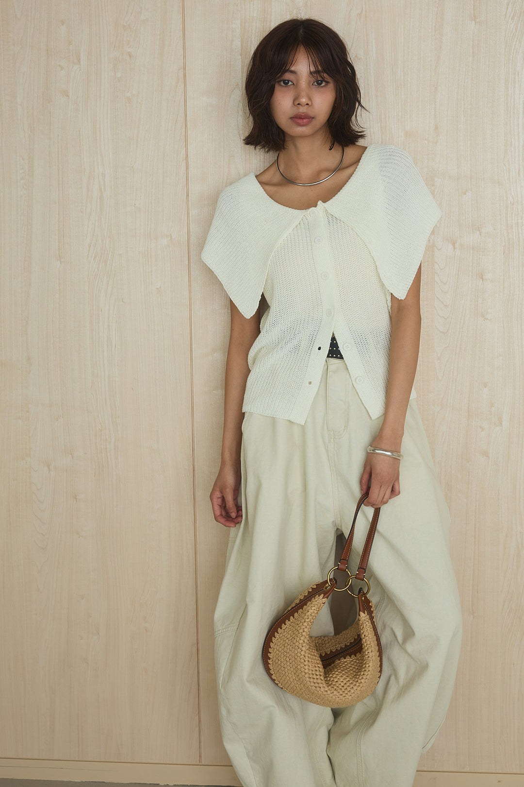 [SET]ビッグカラーボタンニットトップス+ベルト付きカラーデニムパンツ(2set)