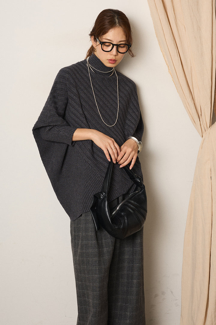 [SET]アシメデザインリブポンチョニットトップス+ウールライクチェックタックパンツ(2set)