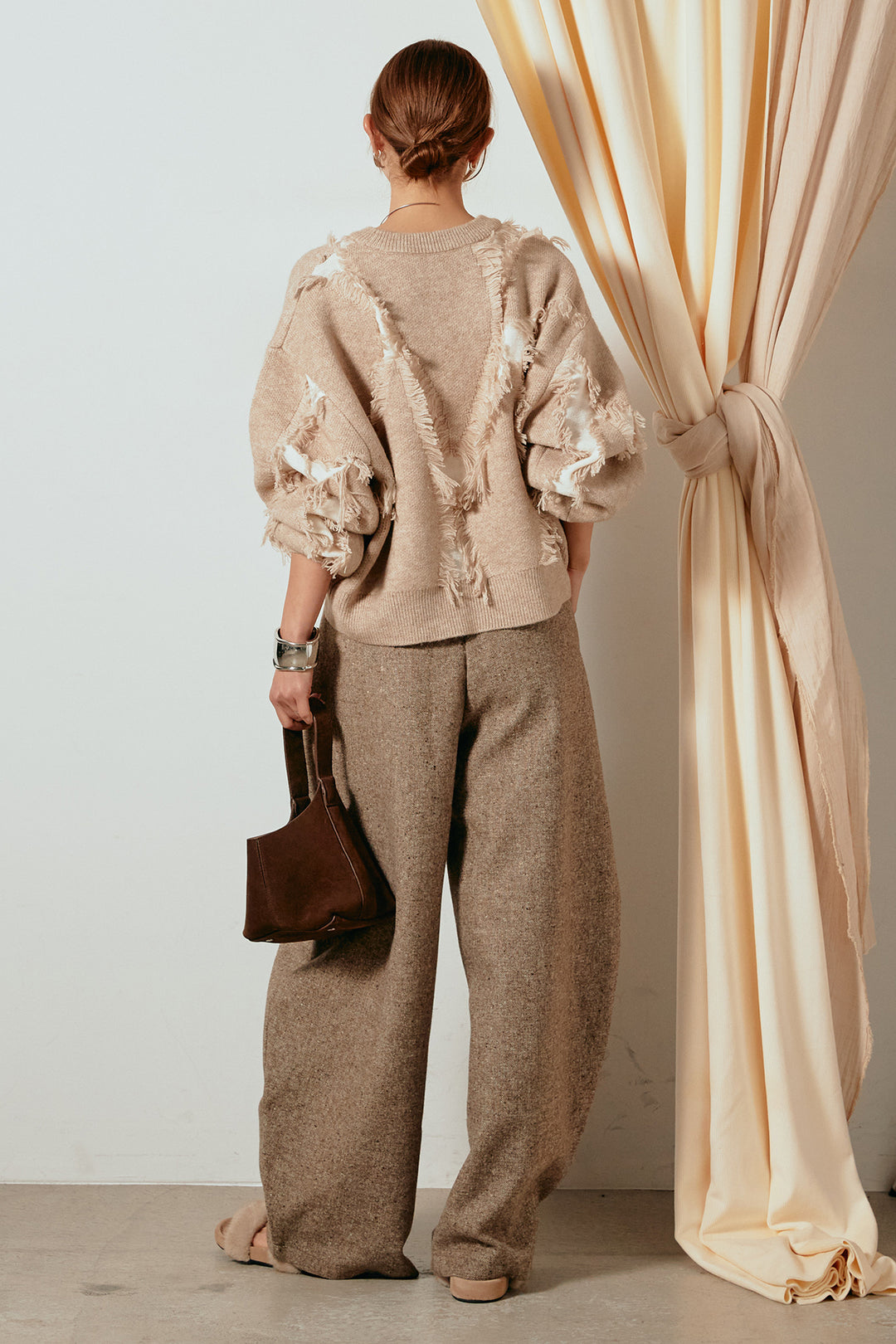 [SET]シャギージャガードニットトップス+ベルト付きネップツイードカーブパンツ(2set)