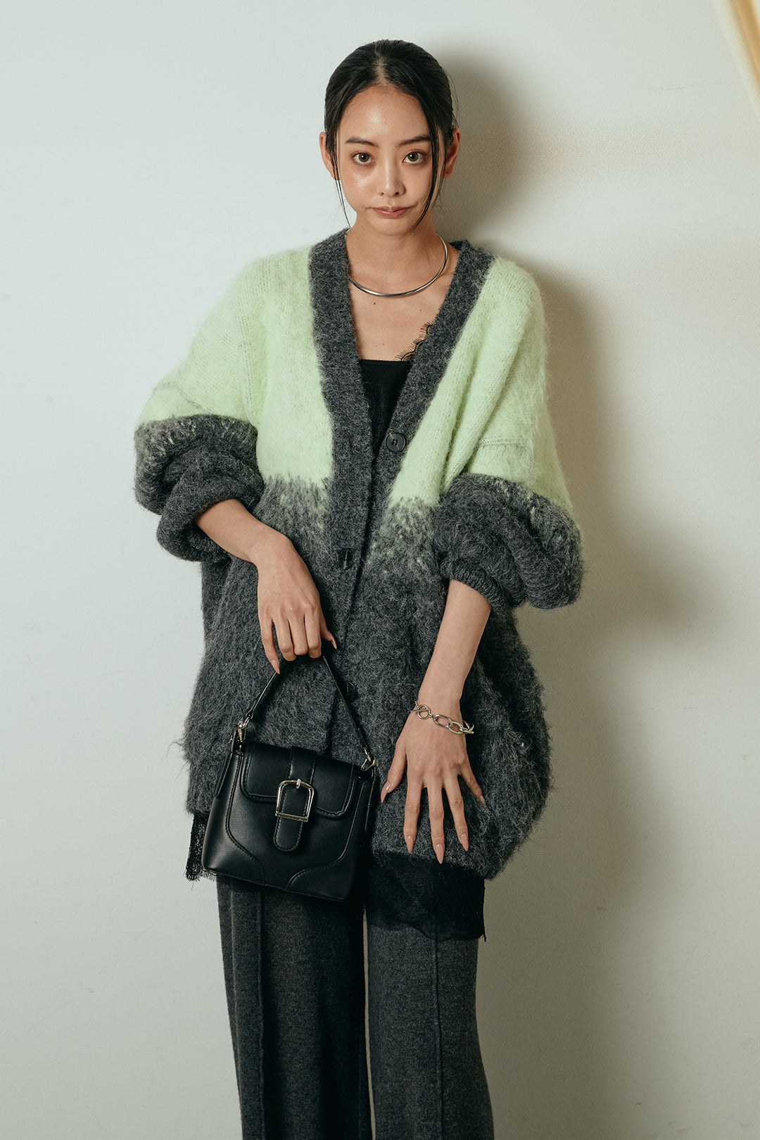 [SET]起毛グラデーションニットカーディガン+レース切り替えキャミソール(2set)