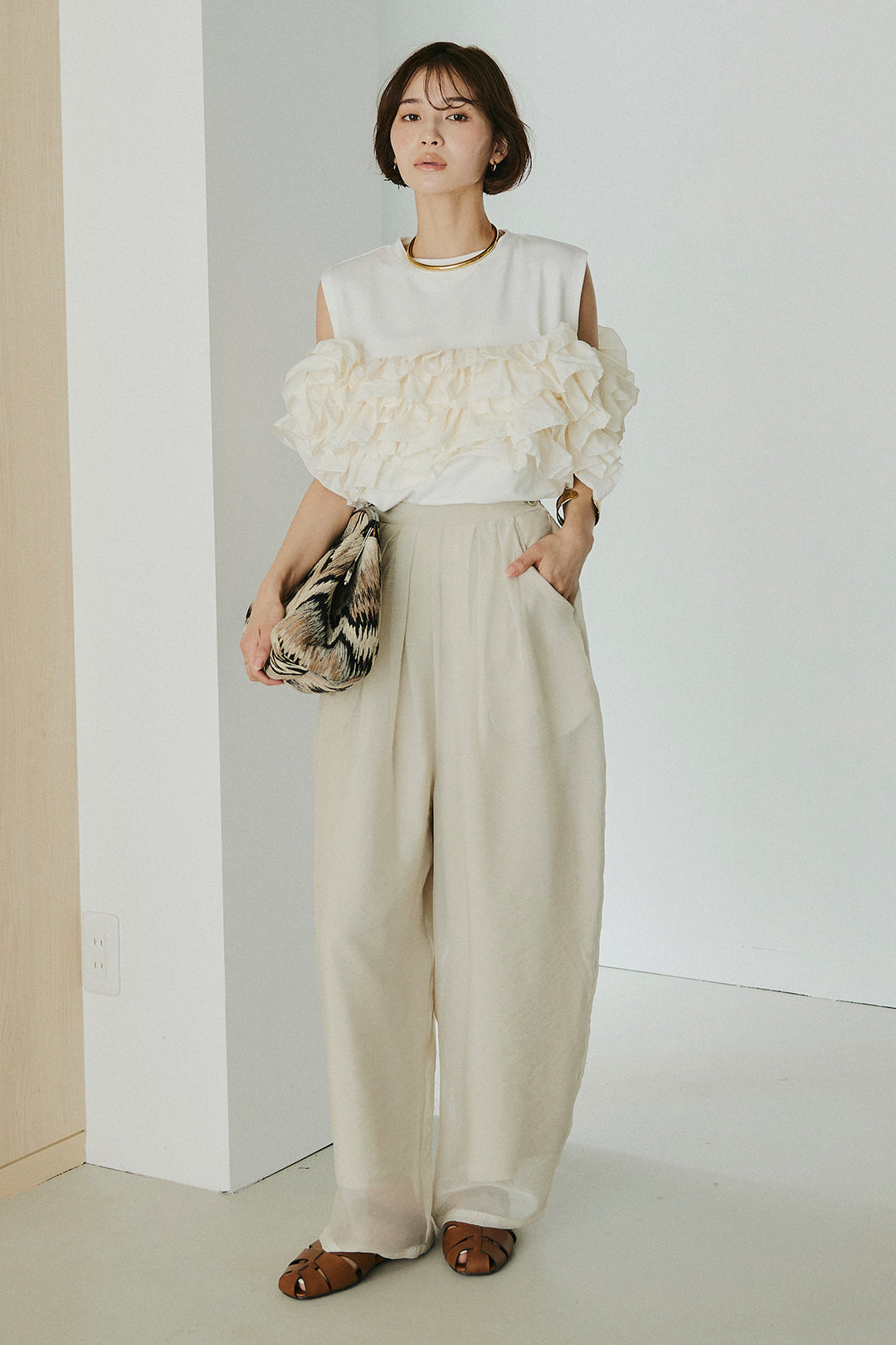 [SET]天竺ナイロンドッキングビスチェ風トップス+オーガンジータックパンツ(2set)