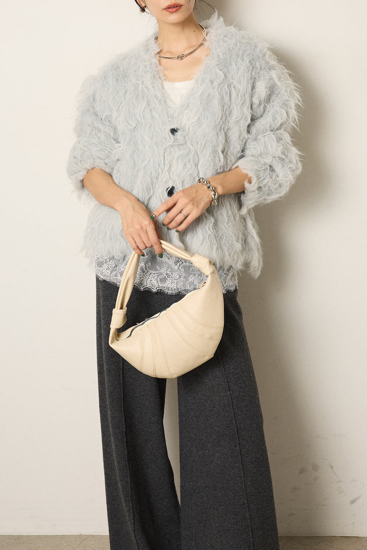 [SET]起毛シャギーニットカーディガン+センターラインニットパンツ+レース切り替えキャミソール(3set)