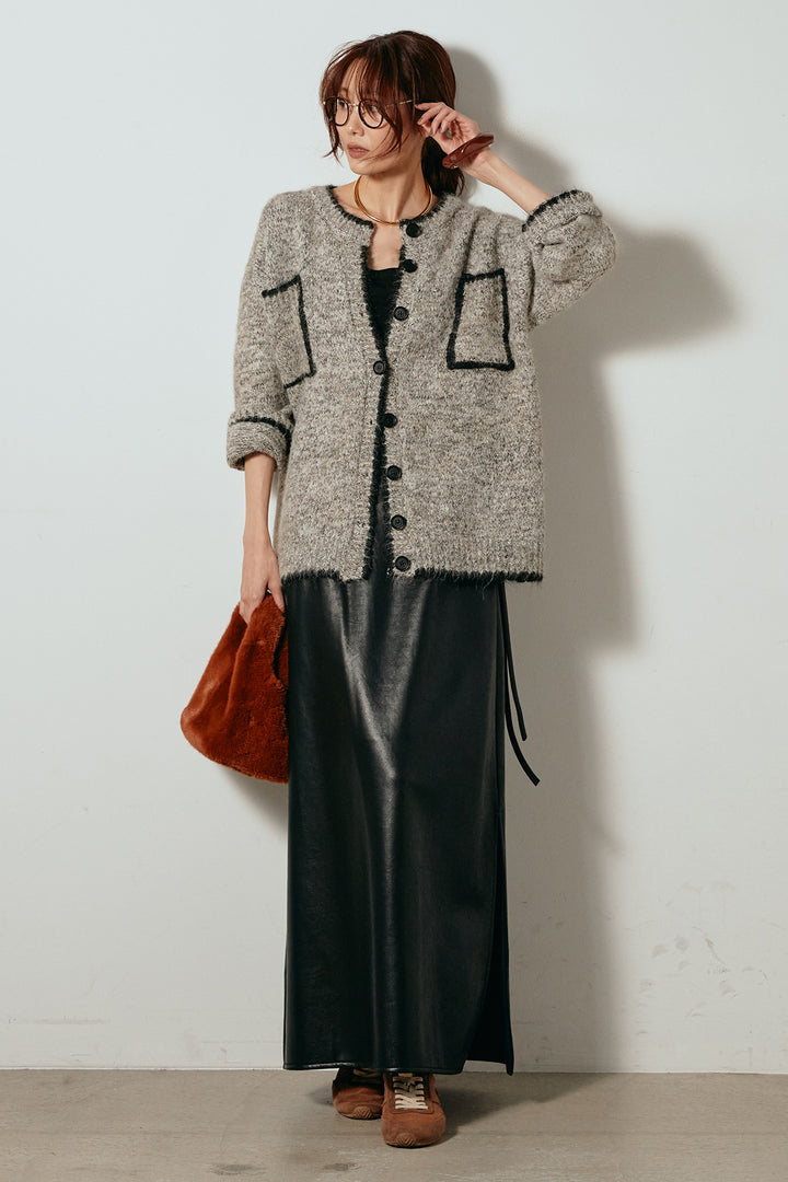 [SET]ミックスニットポケットカーディガン+紐付きフェイクレザーワイドスカート(2set)
