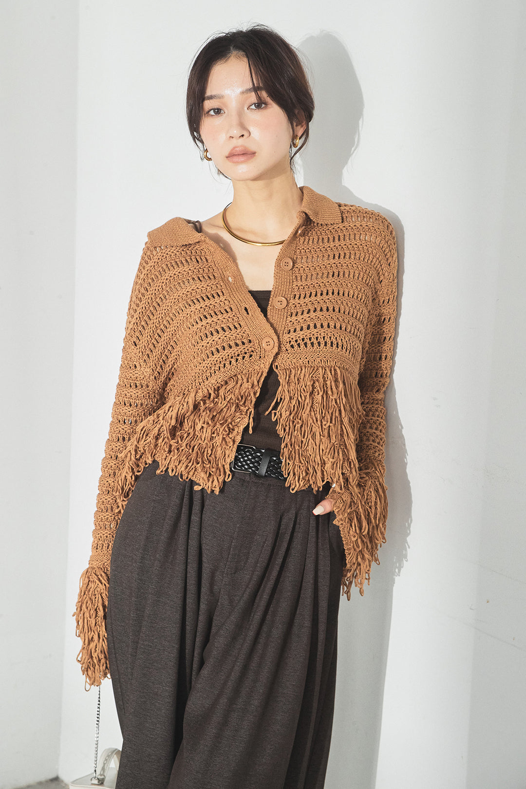 [SET]メッシュフリンジカーディガン+編みベルト付きウエストタックワイドパンツ(2set)