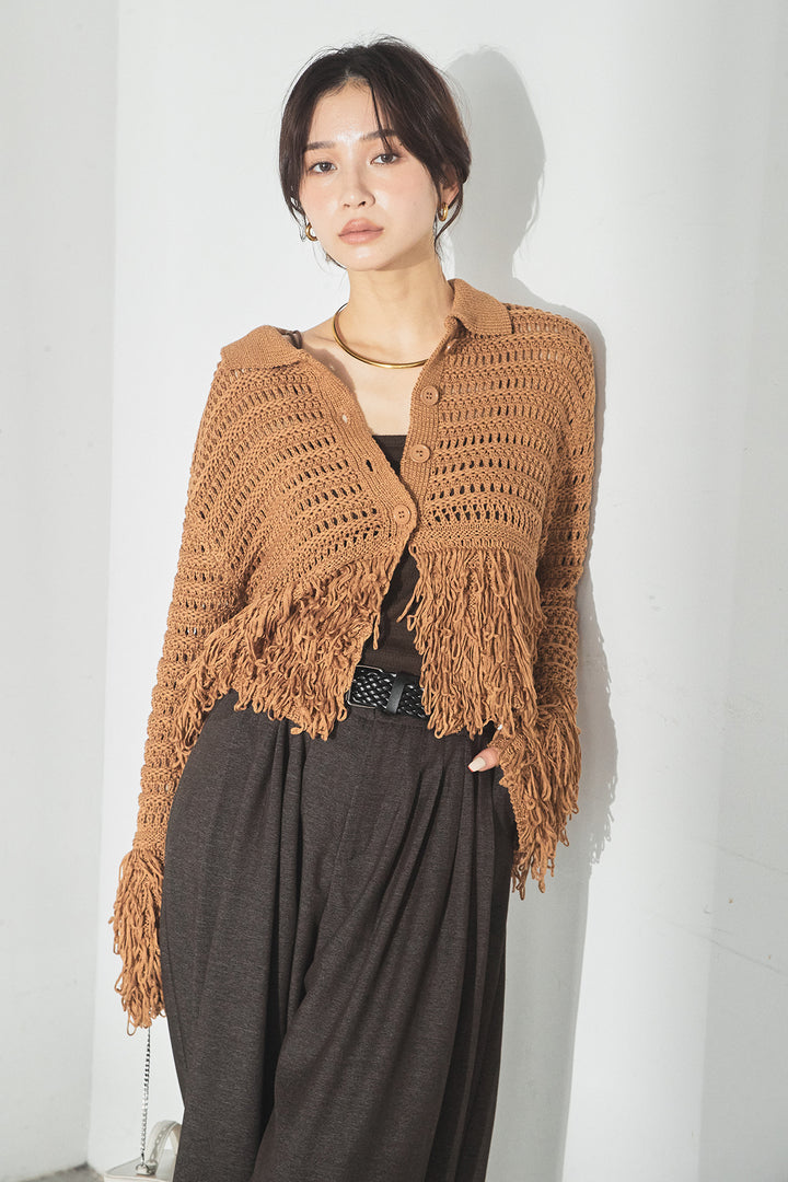 [SET]メッシュフリンジカーディガン+編みベルト付きウエストタックワイドパンツ(2set)