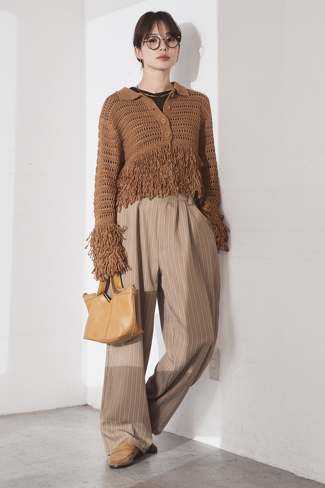 [SET]メッシュフリンジカーディガン+ヘリンボーンストライプツータックパンツ(2set)