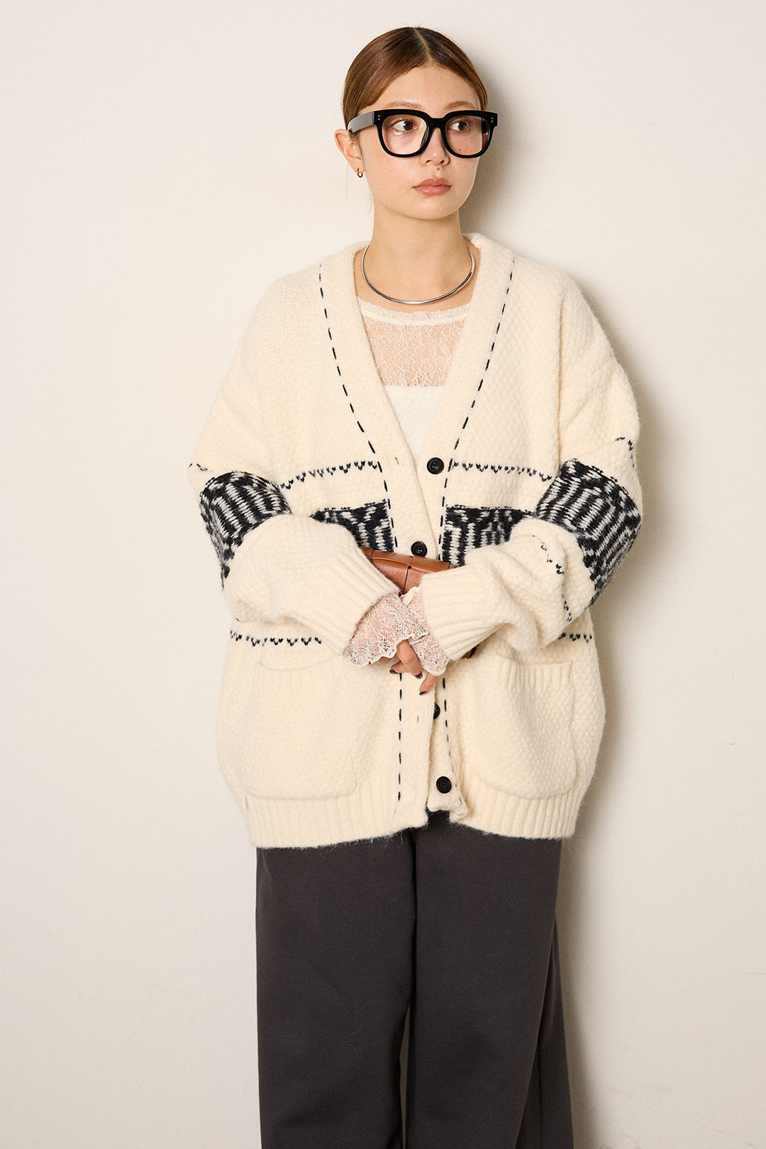 [SET]ライン柄ステッチニットカーディガン+裏起毛スウェットワイドパンツ(2set)
