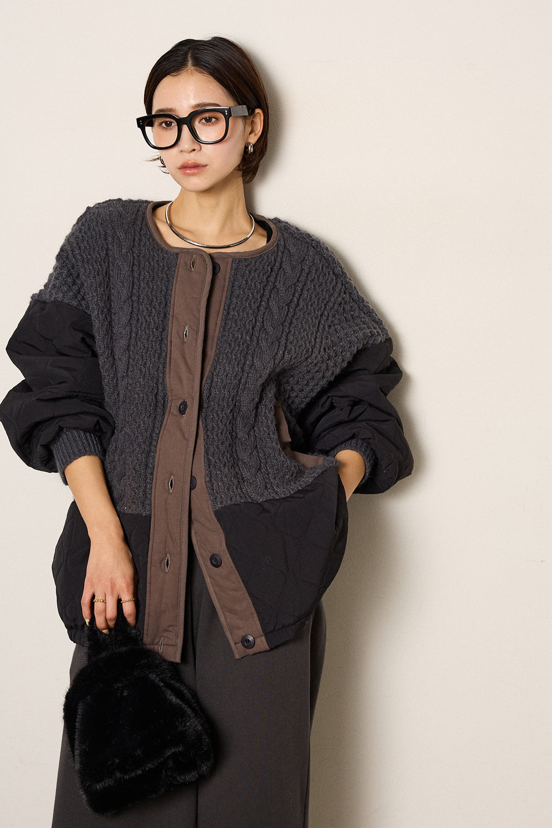 [SET]アラン編みニットノーカラー裾キルティングブルゾン+裏起毛スウェットワイドパンツ(2set)