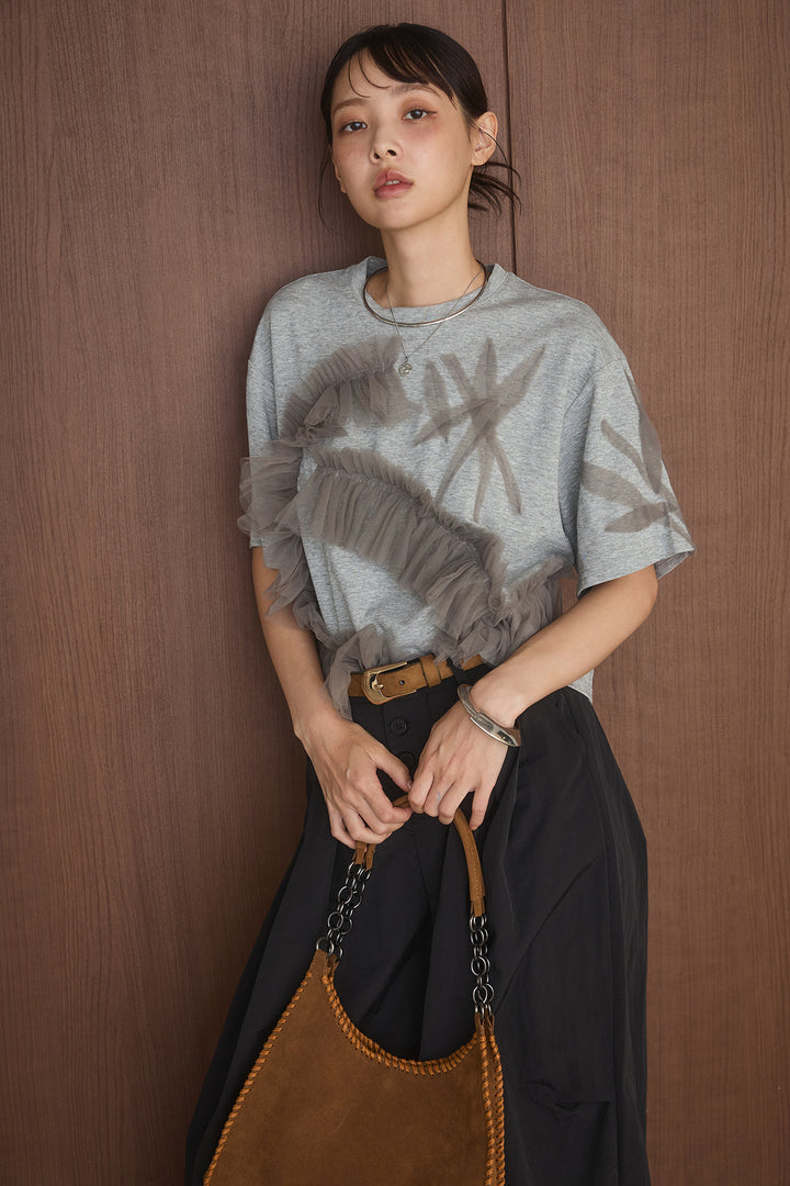 [SET]チュールモチーフデザインTシャツ+ボタンデザインニーサイドタックパンツ(2set)