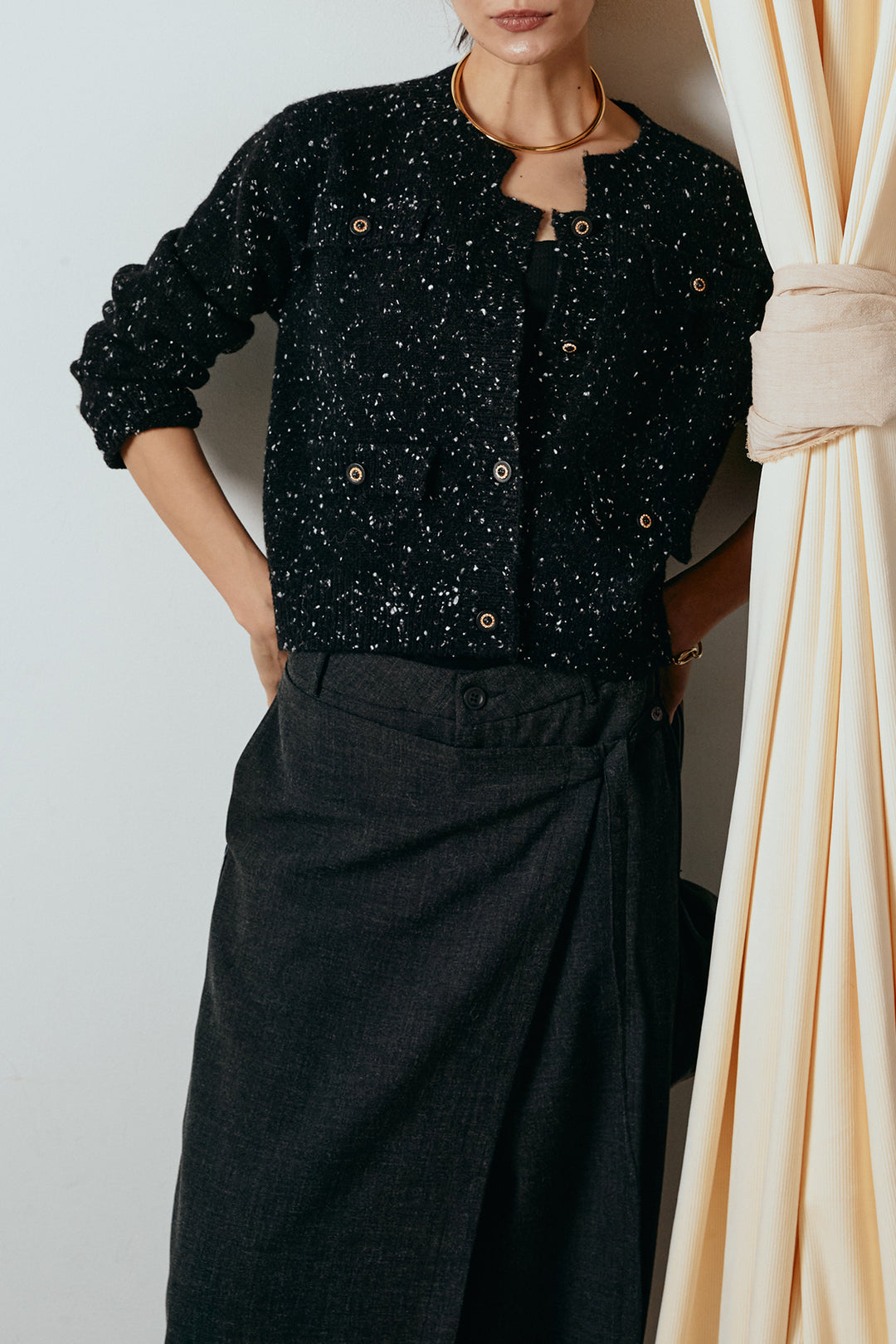 [SET]ネップニットカーディガン+ラップ巻きワイドスラックス(2set)