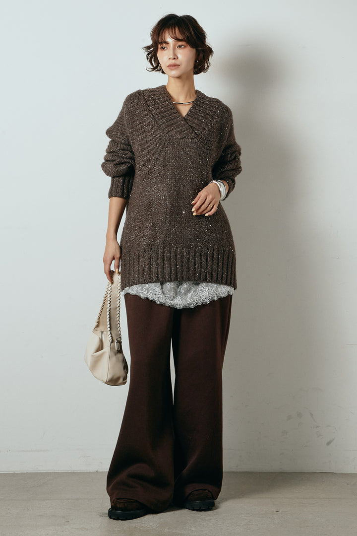 [SET]Vネックラメニットトップス+裏起毛スウェットワイドパンツ+レース切り替えキャミソール(3set)