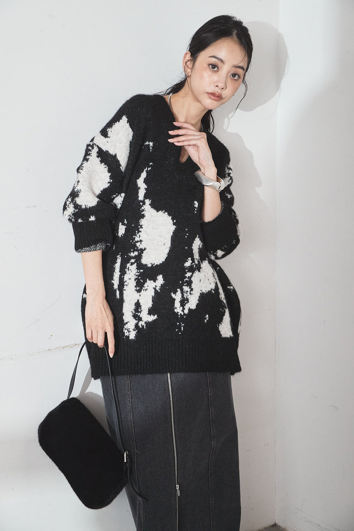 [SET]アブストラクト柄ニットプルオーバー+フロントジップデニムスカート(2set)