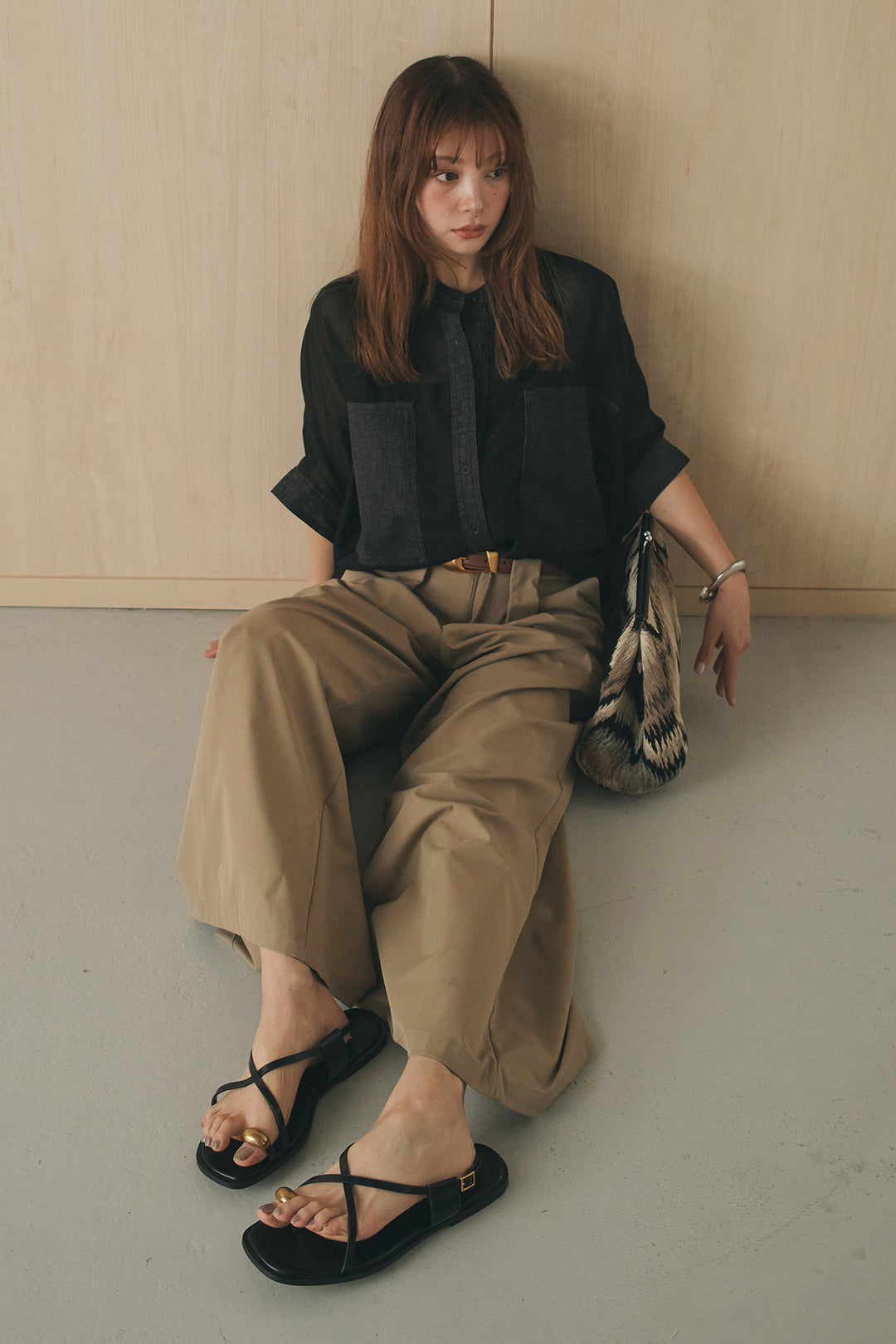 [SET]デニムライクビッグツーポケシアーシャツ+ベルトループデザインハイウエストタックパンツ(2set)