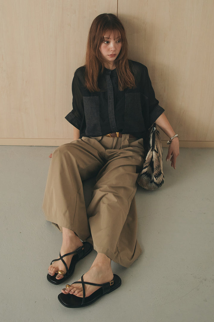 [SET]デニムライクビッグツーポケシアーシャツ+ベルトループデザインハイウエストタックパンツ(2set)