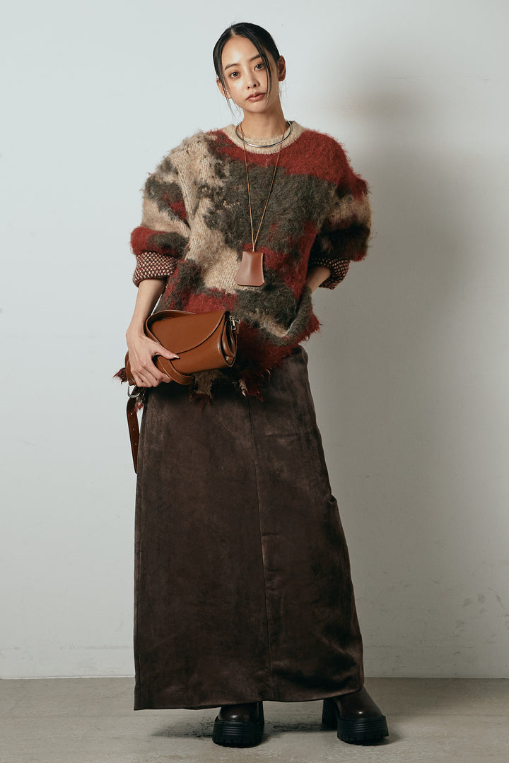 [SET]起毛裾デザインニュアンス柄ニットトップス+エコスウェードワイドスカート(2set)