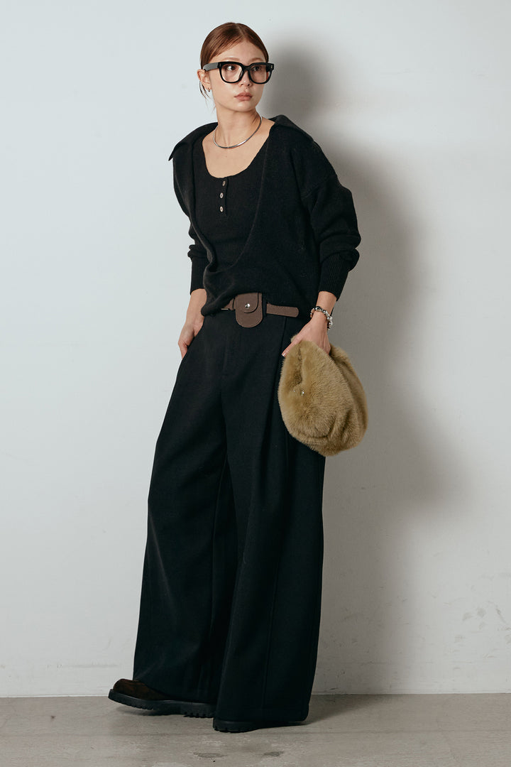 [SET]襟付きレイヤードニットトップス+ポーチベルト付きカーブパンツ(2set)