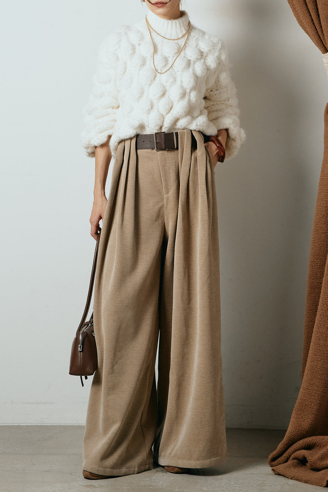 [SET]ボリュームポップコーンニットトップス+ベルトループコーデュロイワイドパンツ(2set)