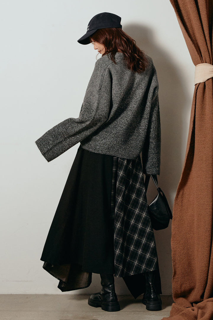 [SET]グラデーションラメニットキーネックプルオーバー+フェイクレザーベルト付き切り替えタータンチェックスカート(2set)