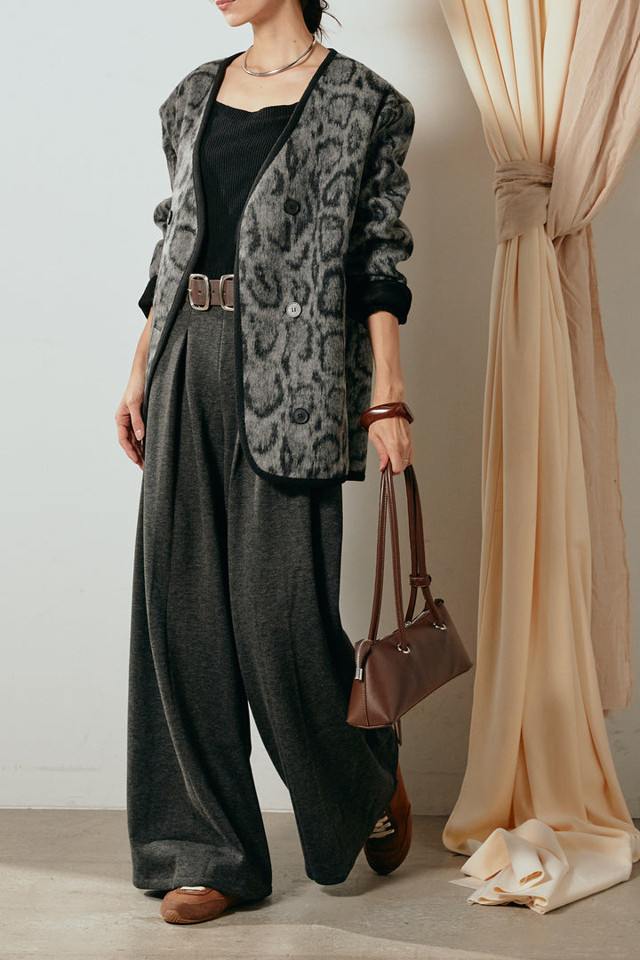 [SET]ノーカラーレオパード柄アウター+フェイクレザー太ベルト付きタックワイドパンツ(2set)